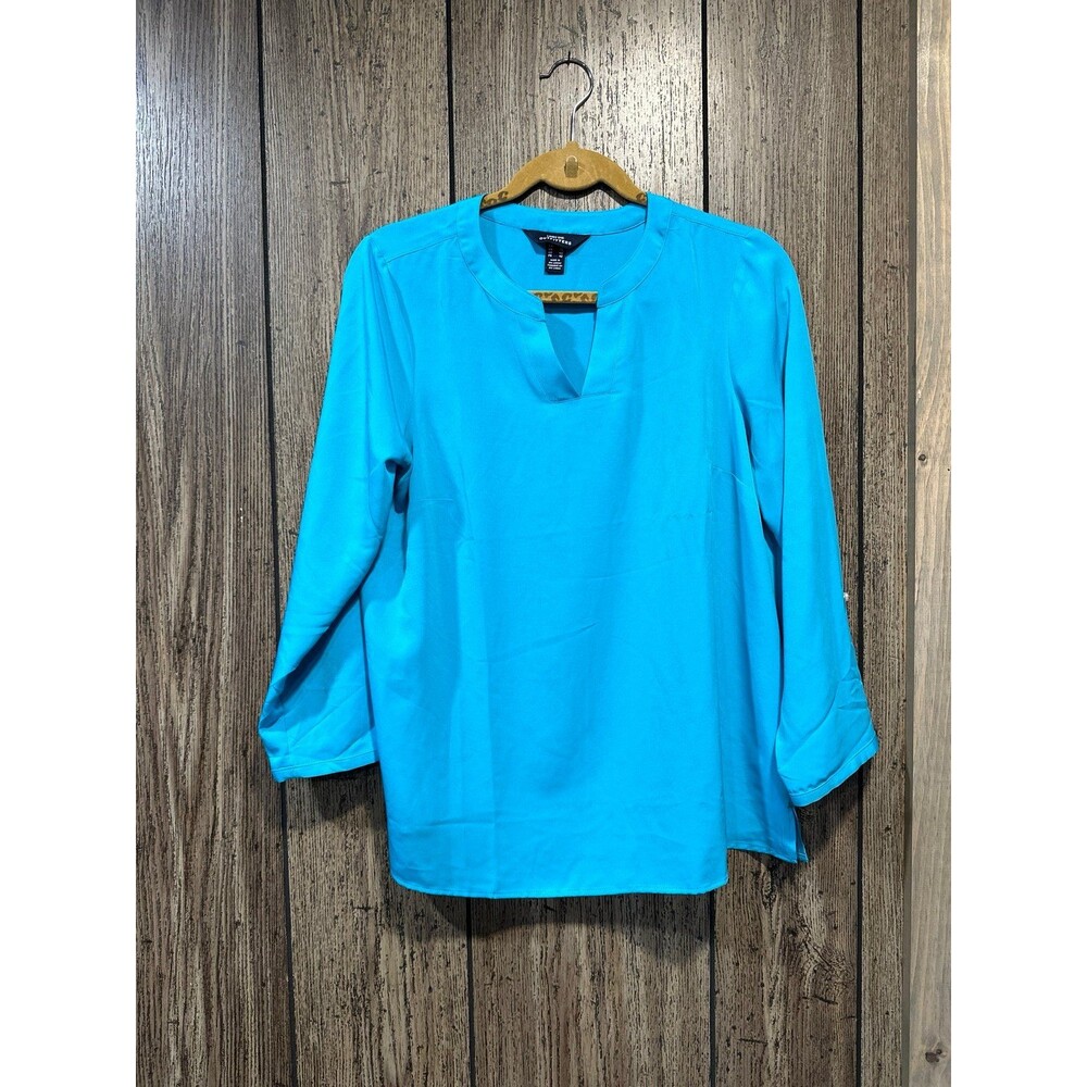 Lands' End Popover Blouse- Turquoise Blue 3/4 Roll Up Sleeve